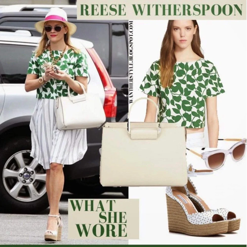 kate spade Cream Tote with Green Leaf Print and Blush Handles